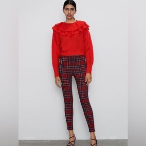Zara Holiday‎ Red Plaid Mid Rise Stretch Legging Pants, Size Medium NWT
